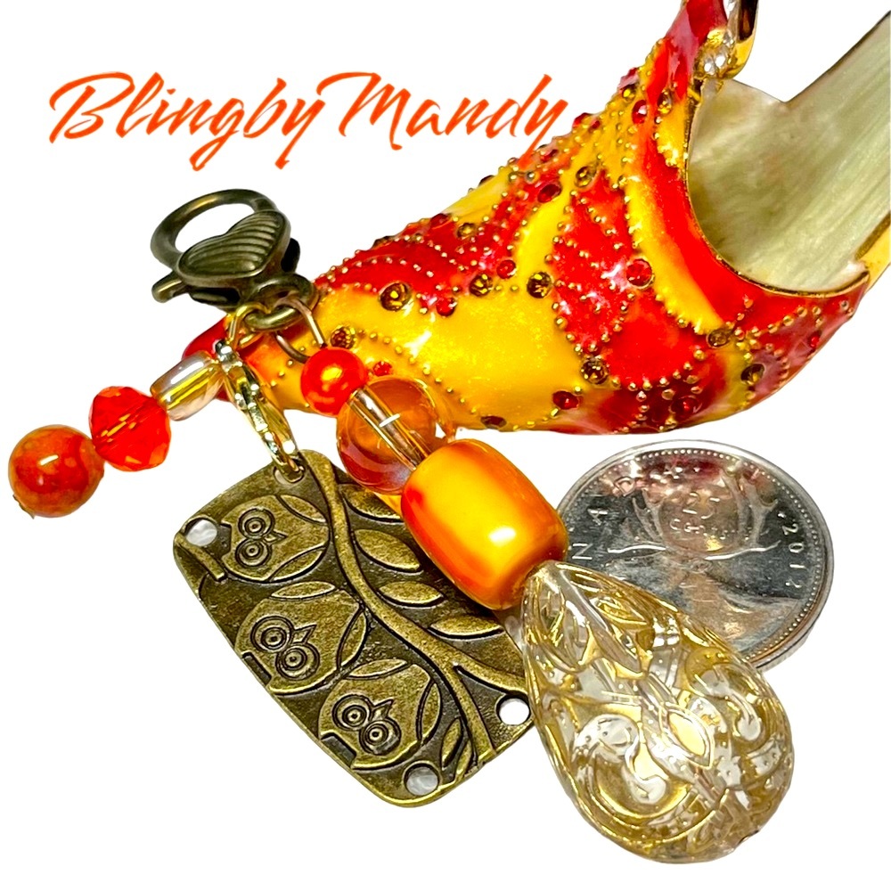 🦉bronze owl and orange retro look keychain purse bling